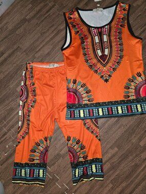 African Dashiki Print Sleeveless Top & shorts Set Vibrant Orange Medium Unisex P
